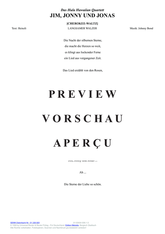 gallery: Jim, Jonny und Jonas [Cherokee-Waltz] , Hula Hawaiian Quartett, Das , (Melodie-Stimmen in C/B/Es)