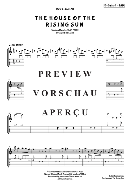 gallery: The House Of The Rising Sun , Animals The, (Duett für 2x E-Gitarre + TAB)