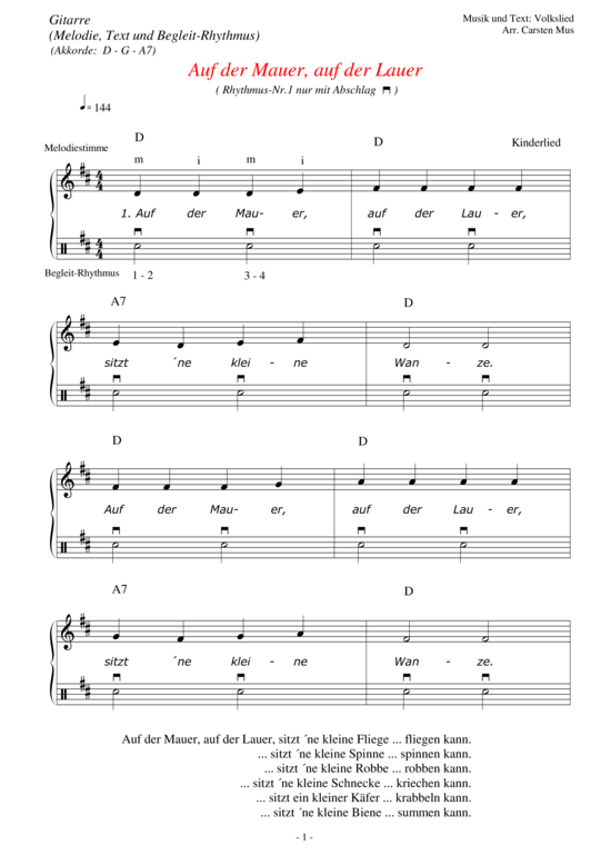 gallery: Auf der Mauer, auf der Lauer , , (Melodie, Text + Begleit-Rhythmus - nur Abschlag - einfach)
