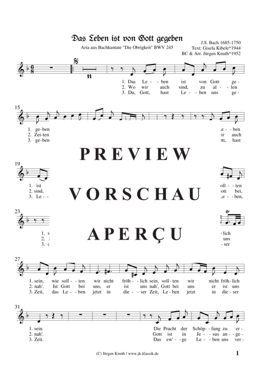 gallery: Das Leben ist von Gott gegeben "Aria aus Bachkantate "Die Obrigkeit" BWV 245" , , (Gemischter Chor, Soli + Orgel)