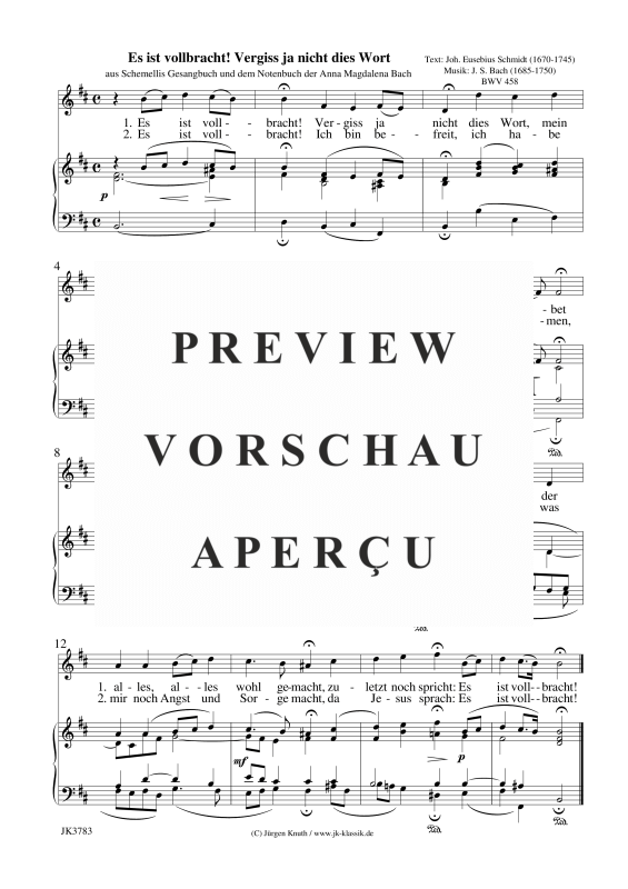 gallery: Es ist vollbracht! Vergiss ja nicht dies Wort / BWV 458 (aus Schemellis GB und NB der Anna M. Bach), , (voice and piano)