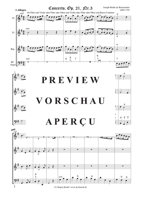 gallery: Concerto für Altblockflöte + Violine (Op.21 No.3) , ,  (Gemischtes Ensemble für Bläser, Streicher + BC)