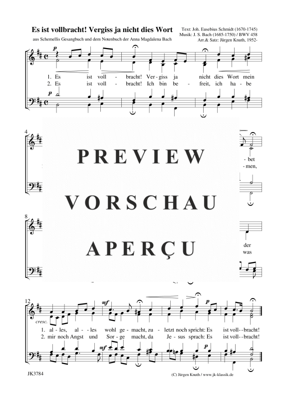 gallery: Es ist vollbracht! Vergiss ja nicht dies Wort / BWV 458 (aus Schemellis GB und NB der Anna M. Bach), , (mixed choir)