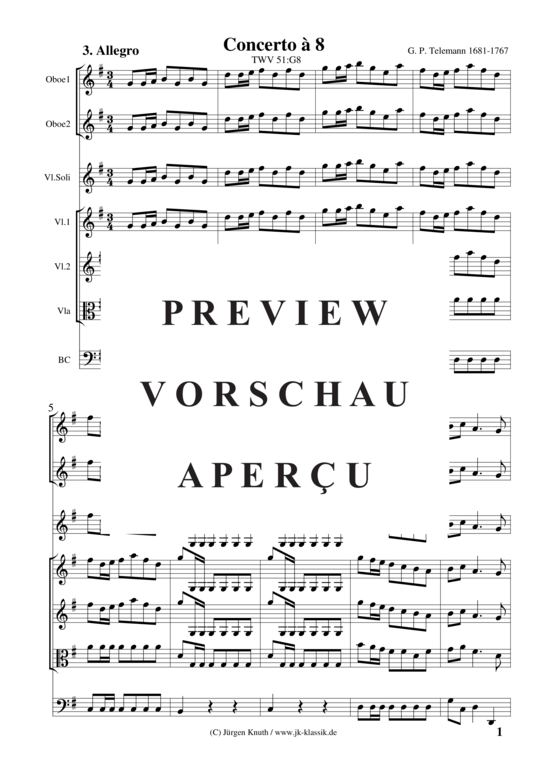 gallery: Violinkonzert à 8 TWV 51:G8 Satz:3 Allegro , , (Gemischtes Ensemble 2x Ob. 3x Vl. Vla + BC)