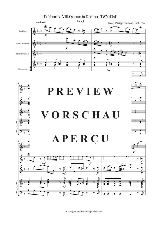 Tafelmusik. VIII.Quatuor in D Minor. 1. Satz TWV 43:d1 